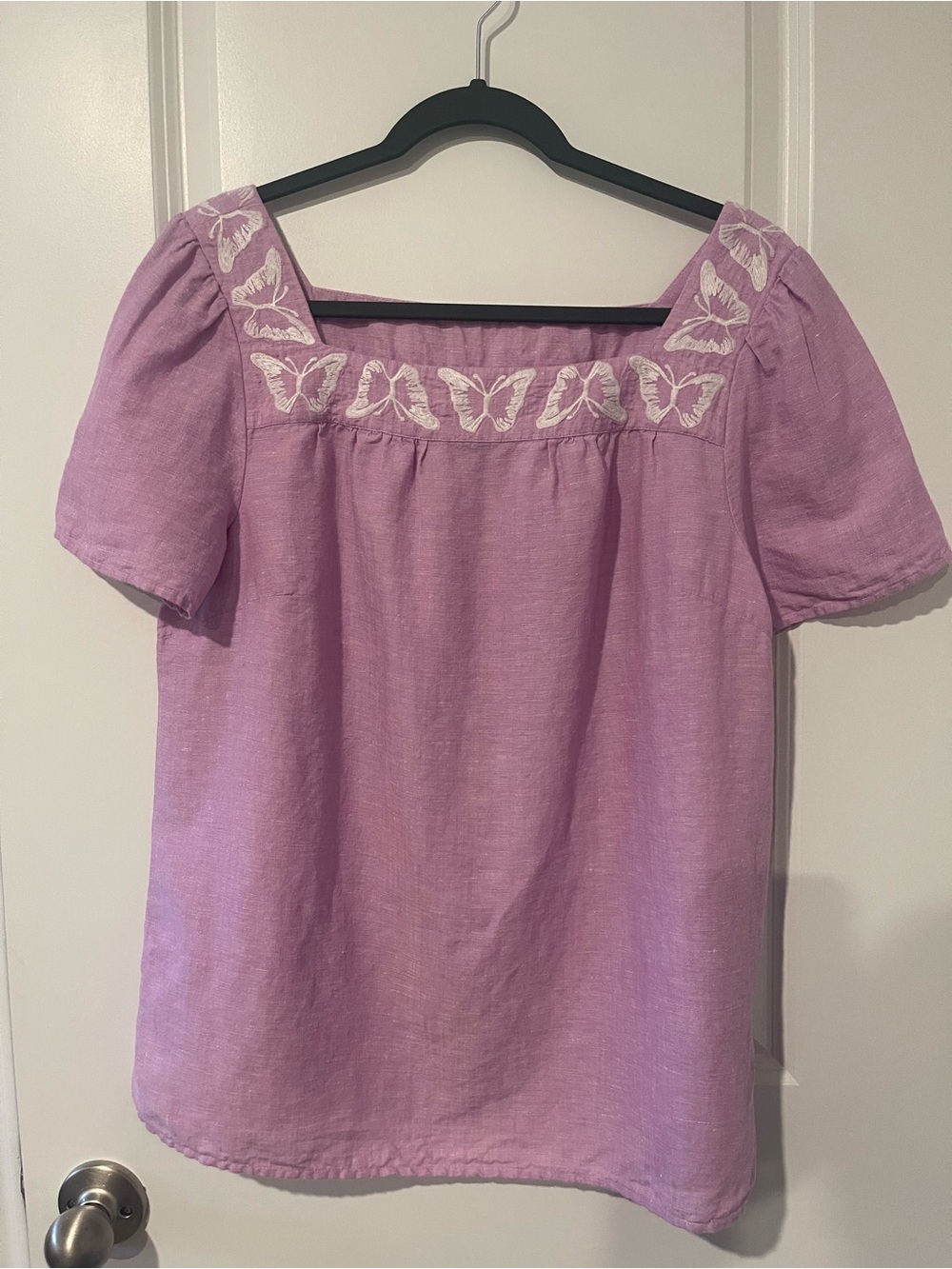 Talbots Lavender Butterfly-Embroidered Square-Neck Blouse